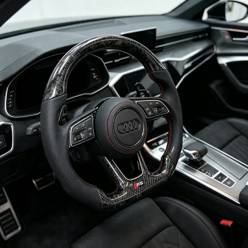 Forged carbon fiber steering wheel installed in Audi B9 interior with shift paddles sport cabin upgrade