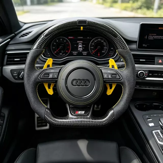 Installed JIONX Audi A4 A5 S4 S5 RS3 RS5 RS7 LED carbon flat bottom semi perforated leather custom steering wheel