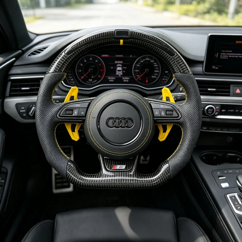 Installed JIONX Audi A4 A5 S4 S5 RS3 RS5 RS7 LED carbon flat bottom semi perforated leather custom steering wheel