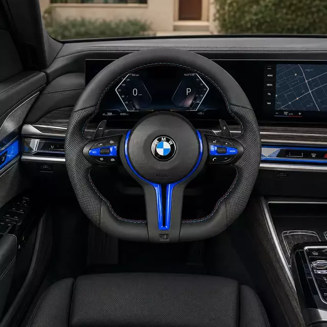 Custom blue-trim steering wheel installed in a BMW 7 Series luxury cockpit with perforated leather and paddle shifters