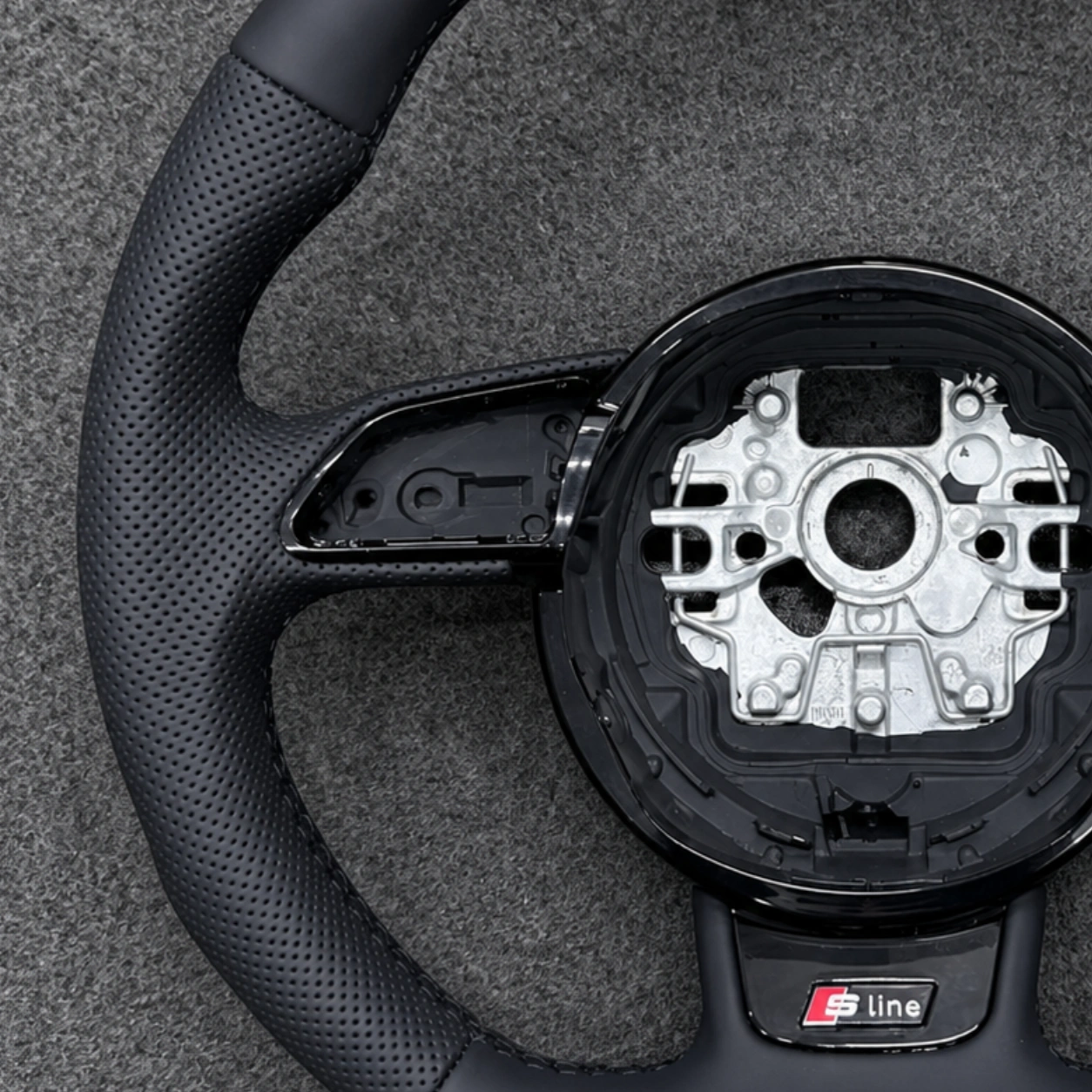 Breathable Anti-Slip Black Perforated Nappa Leather Hand Grip Close Up JIONX Audi Wheel