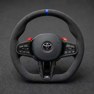 Toyota CS style Alcantara custom steering wheel with blue center stripe, stitching and real carbon fiber trim