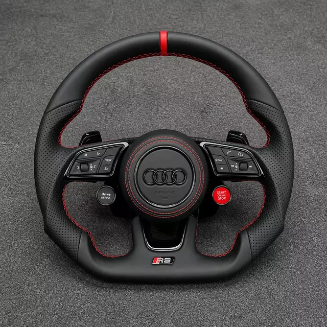 Custom Audi A6 A7 Nappa leather flat-bottom wheel with perforated grips, red stitching and control buttons