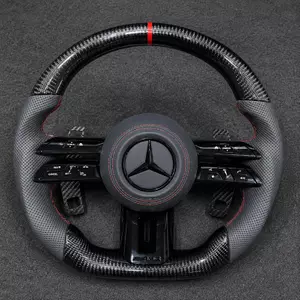 Mercedes C/E dragonfly-style real carbon flat-bottom wheel with perforated Nappa grips, red stripe, stitching and paddles