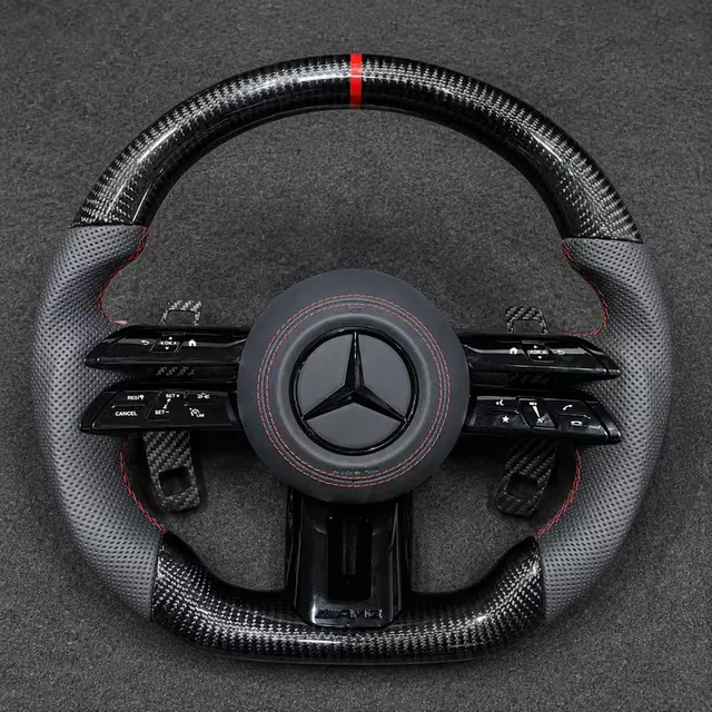 Mercedes C/E dragonfly-style real carbon flat-bottom wheel with perforated Nappa grips, red stripe, stitching and paddles