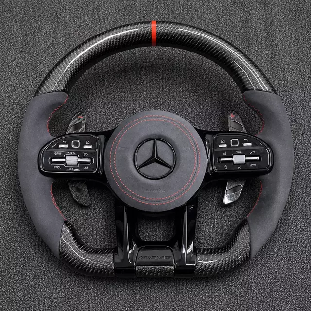 Mercedes C E AMG real carbon fiber Alcantara flat-bottom wheel with red center stripe, stitching and shift paddles