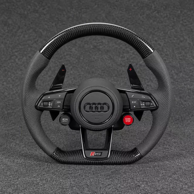 Audi TT 8N custom R8-style steering wheel with carbon fiber trim and red multifunction button