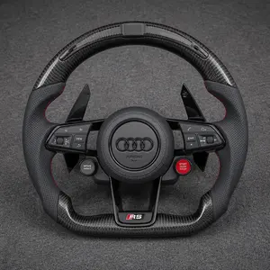 Audi A6/A7 R8-style carbon fiber perforated Nappa leather LED wheel with red stitching and extended paddles