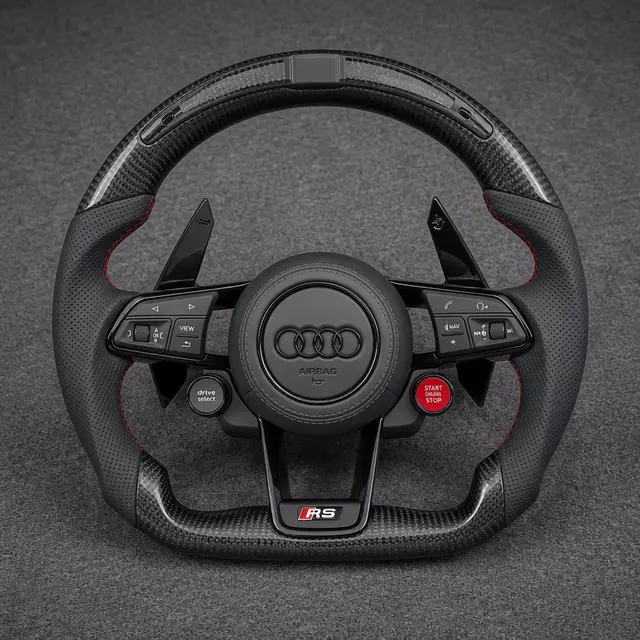Audi A6/A7 R8-style carbon fiber perforated Nappa leather LED wheel with red stitching and extended paddles