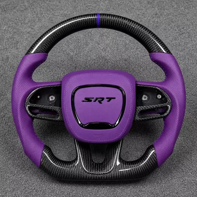 Dodge Challenger SRT custom carbon fiber flat bottom steering wheel with purple leather