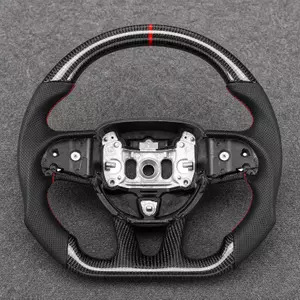 Dodge real carbon fiber steering wheel with black perforated Nappa leather, red stripe and stitching
