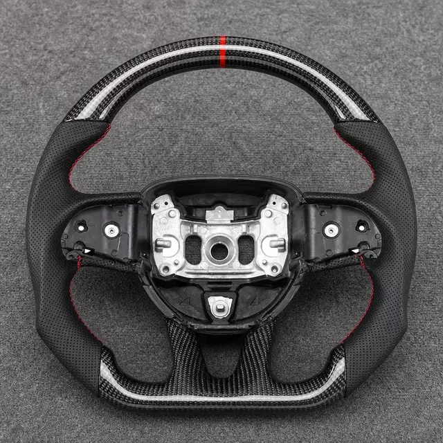 Dodge real carbon fiber steering wheel with black perforated Nappa leather, red stripe and stitching