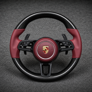 Porsche Cayenne custom real carbon fiber steering wheel with burgundy Nappa leather grips and black paddle shifters