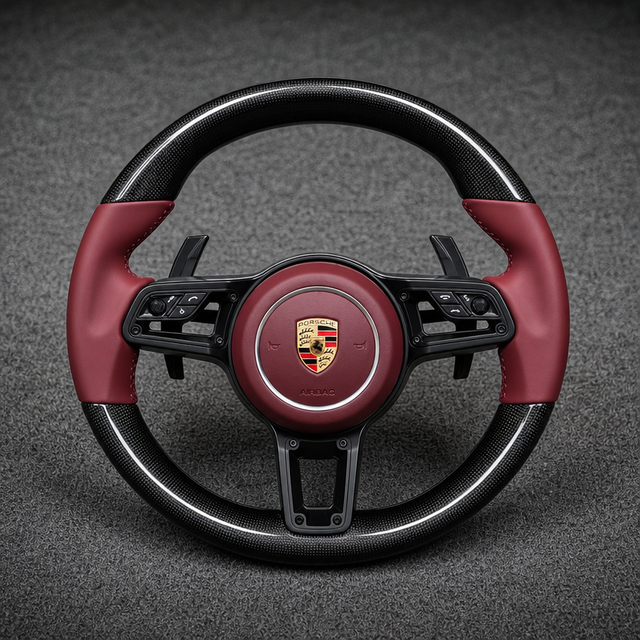 Porsche Cayenne custom real carbon fiber steering wheel with burgundy Nappa leather grips and black paddle shifters