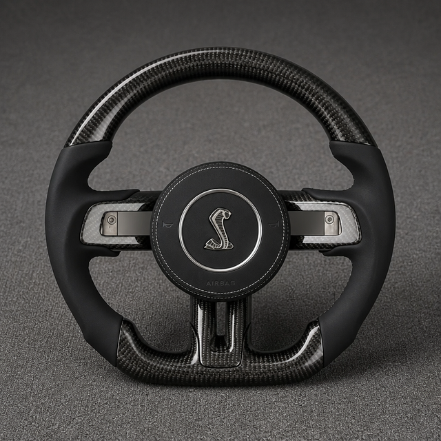Ford Mustang Shelby style flat bottom real carbon fiber steering wheel with black Nappa leather grips