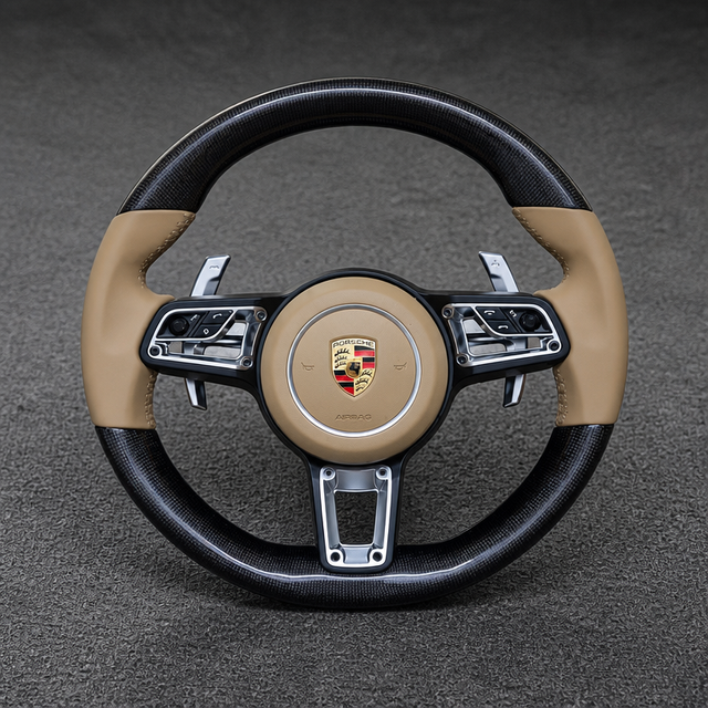 Porsche 911 custom real carbon fiber steering wheel with tan Nappa leather grips and silver paddle shifters
