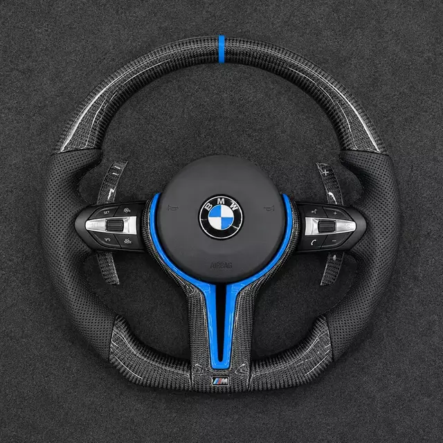 BMW X5 G05 custom carbon fiber steering wheel with blue accent and premium personalized grip