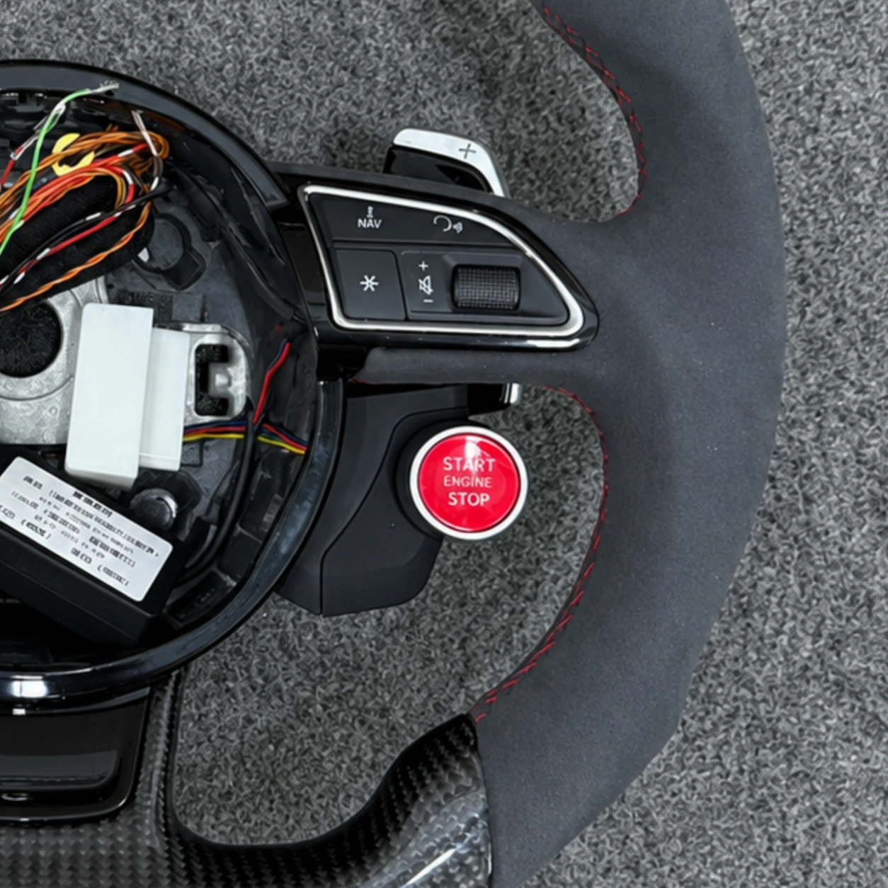 Closeup Of Drive Select And Red Start Stop Buttons For Audi Sport Steering Wheel JIONX