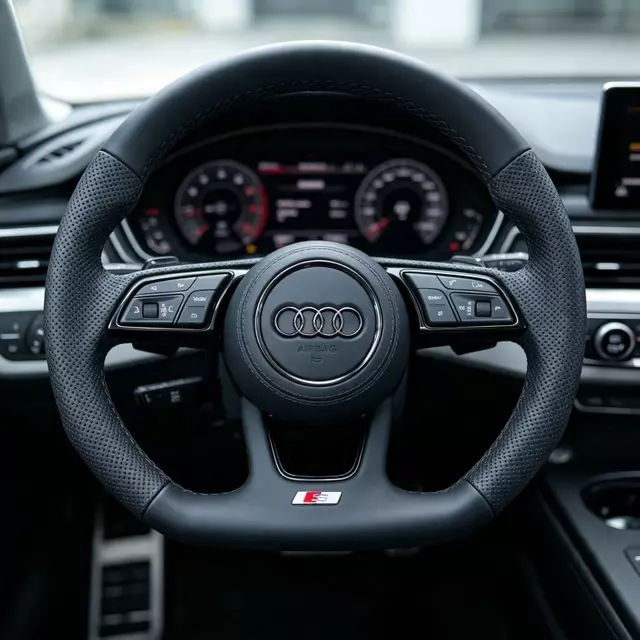 Semi Perforated Leather Steering Wheel Installed In Audi Driving Cabin Interior Upgrade JIONX