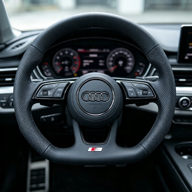 Semi Perforated Leather Steering Wheel Installed In Audi Driving Cabin Interior Upgrade JIONX